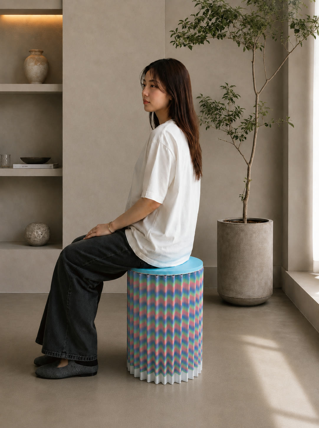 折り畳みスツールに座った使用イメージ（φ300）