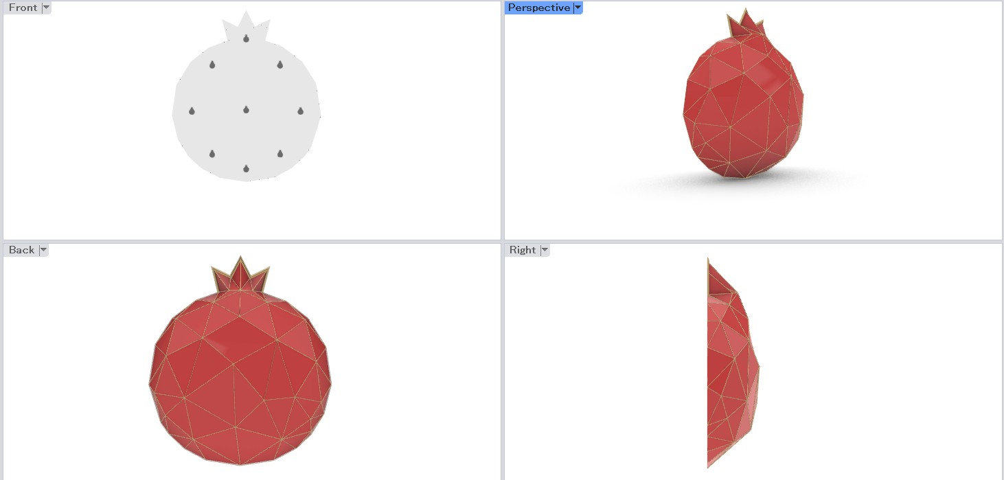 壁掛けザクロオブジェの3Dデータ。壁に付く側・斜め・表側・横から見た図